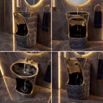 Modern Noir Gold wudu basin with black ceramic finish and gold fittings, designed for comfortable daily ablution