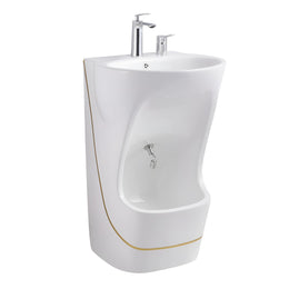 Golden trim accent wudu basin with premium ceramic finish, designed for elegant and comfortable ablution use